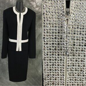 BEAUTIFUL St John evening knit black rhinestones embellished skirt suit 12